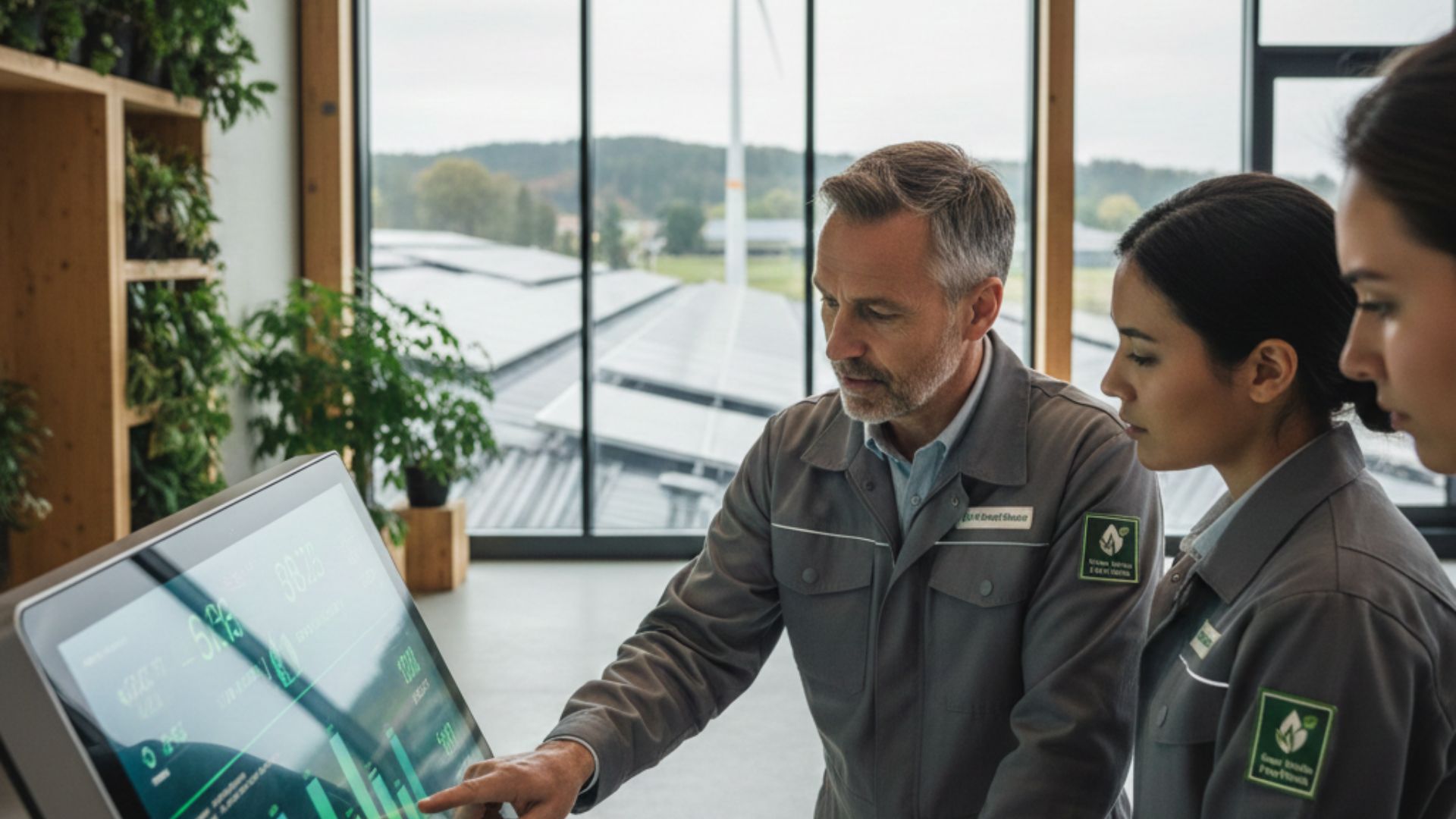 Professionals reviewing a digital dashboard of real-time energy efficiency data in a sustainable industrial facility, representing the forward-looking climate methodology.