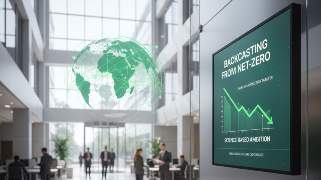 A professional corporate interior showing a digital display with a decarbonization graph and a green holographic globe, illustrating the backcasting climate methodology for net-zero alignment.
