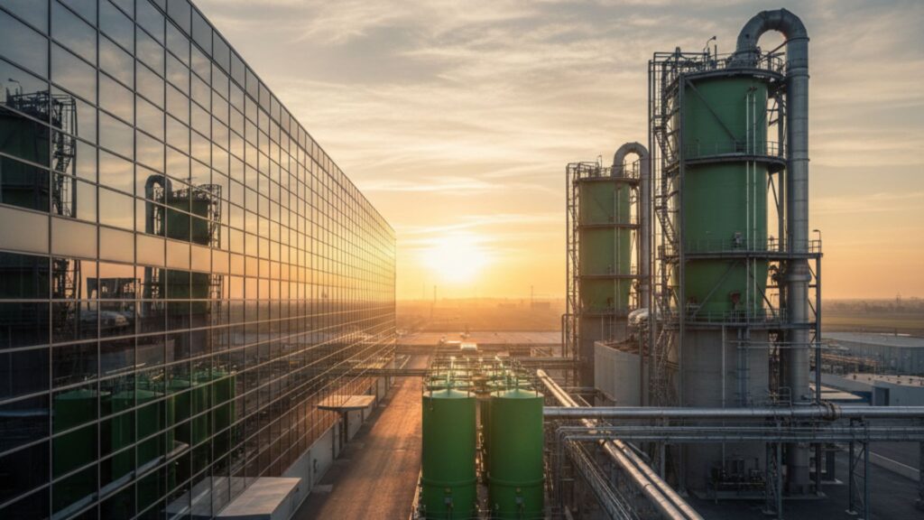 A high-end architectural photograph of a modern industrial plant with integrated green hydrogen and carbon capture infrastructure, illustrating science-based ambition in high-impact sectors.
