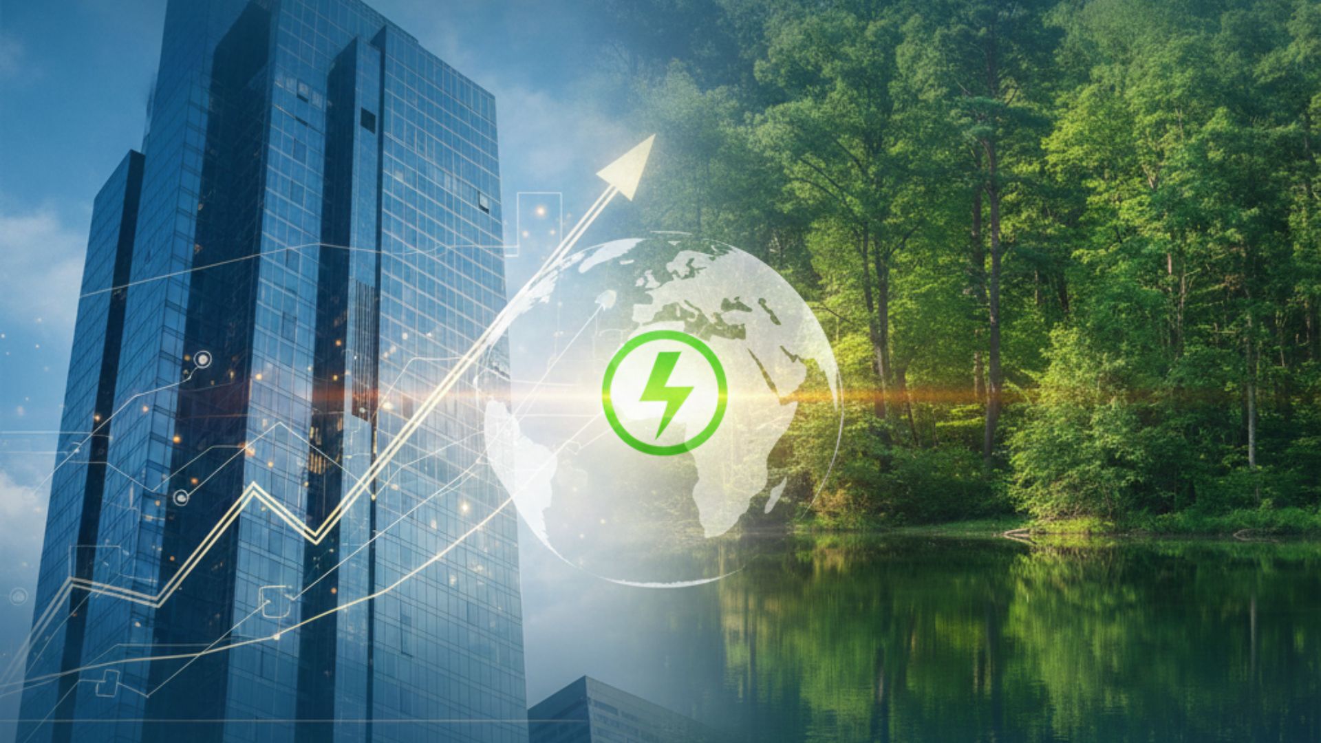 A high-rise financial building transitioning into a lush green forest, overlayed with a digital globe and a rising growth chart representing science-based climate targets and sustainable finance.