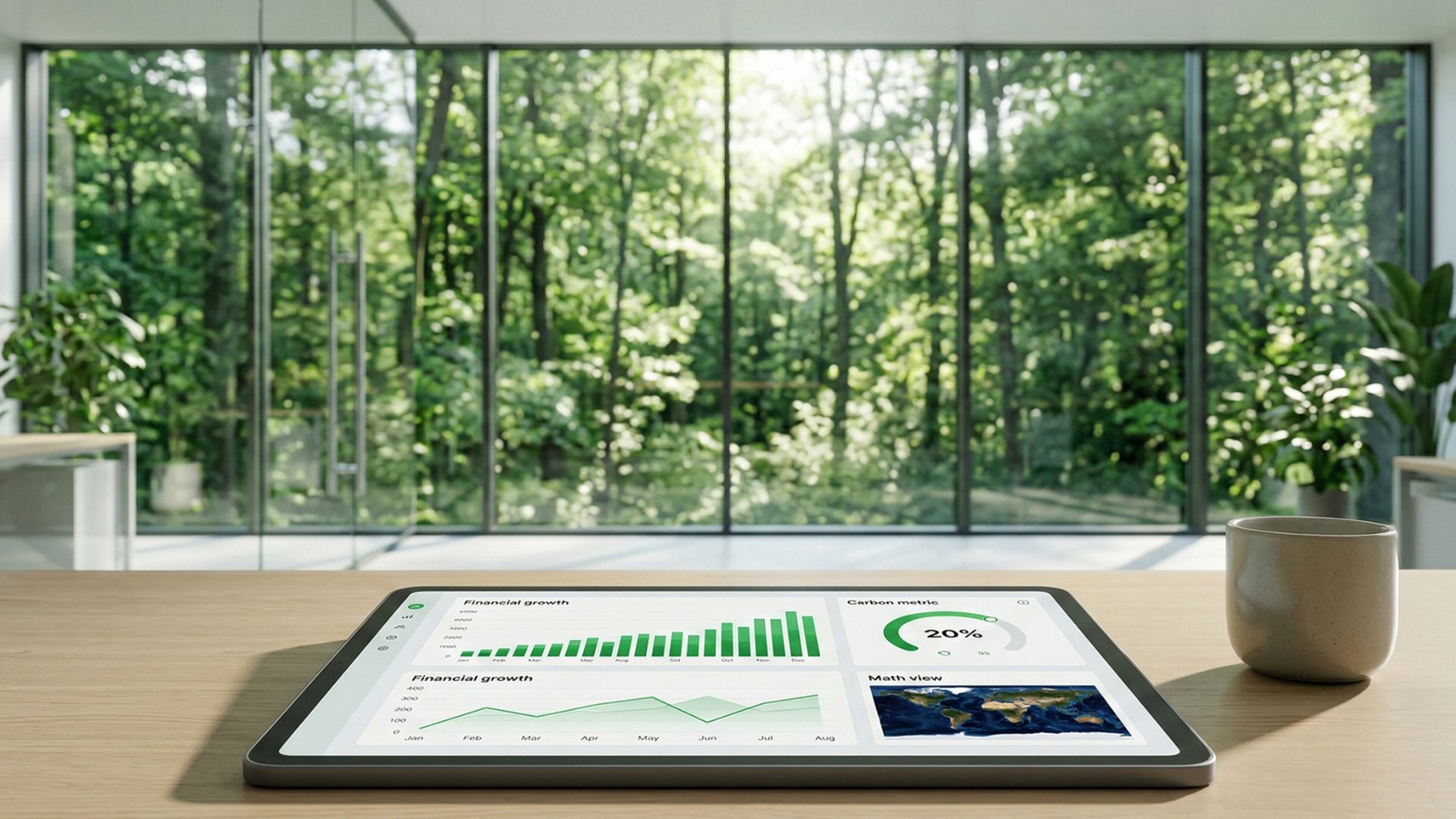 A sleek tablet on a minimalist wooden desk displaying green financial growth charts and satellite data, set against a background of a lush forest seen through a modern corporate office's glass windows, representing automated emissions monitoring and high-integrity MRV infrastructure.