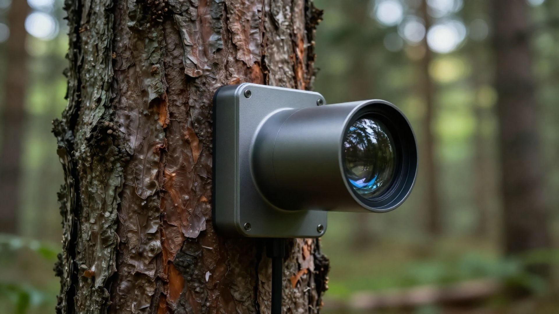 Close-up of an industrial IoT sensor attached to a tree, representing automated Digital MRV (dMRV) in a forest.