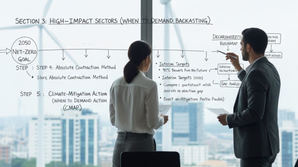 Two corporate executives in a modern office analyzing a 10-year decarbonization roadmap (2026-2036) drawn on a glass wall, illustrating the transition from current baseline to a science-based net-zero goal.