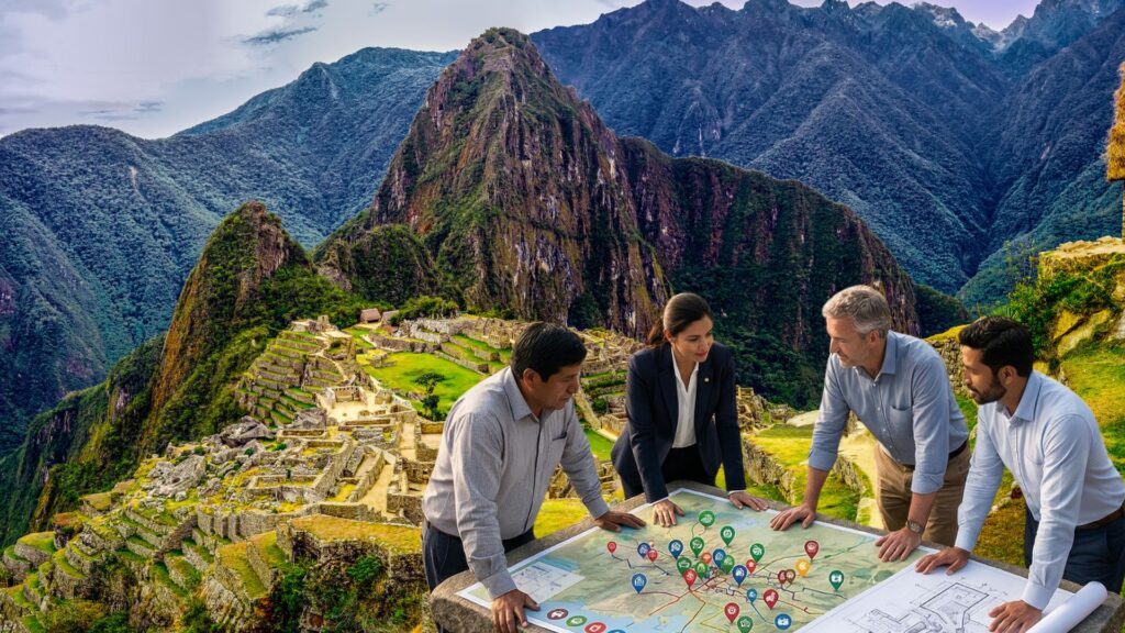 A diverse group of Destination Management Organization stakeholders analyzing sustainability maps and shared infrastructure blueprints at Machu Picchu, representing territory-wide climate action governance.