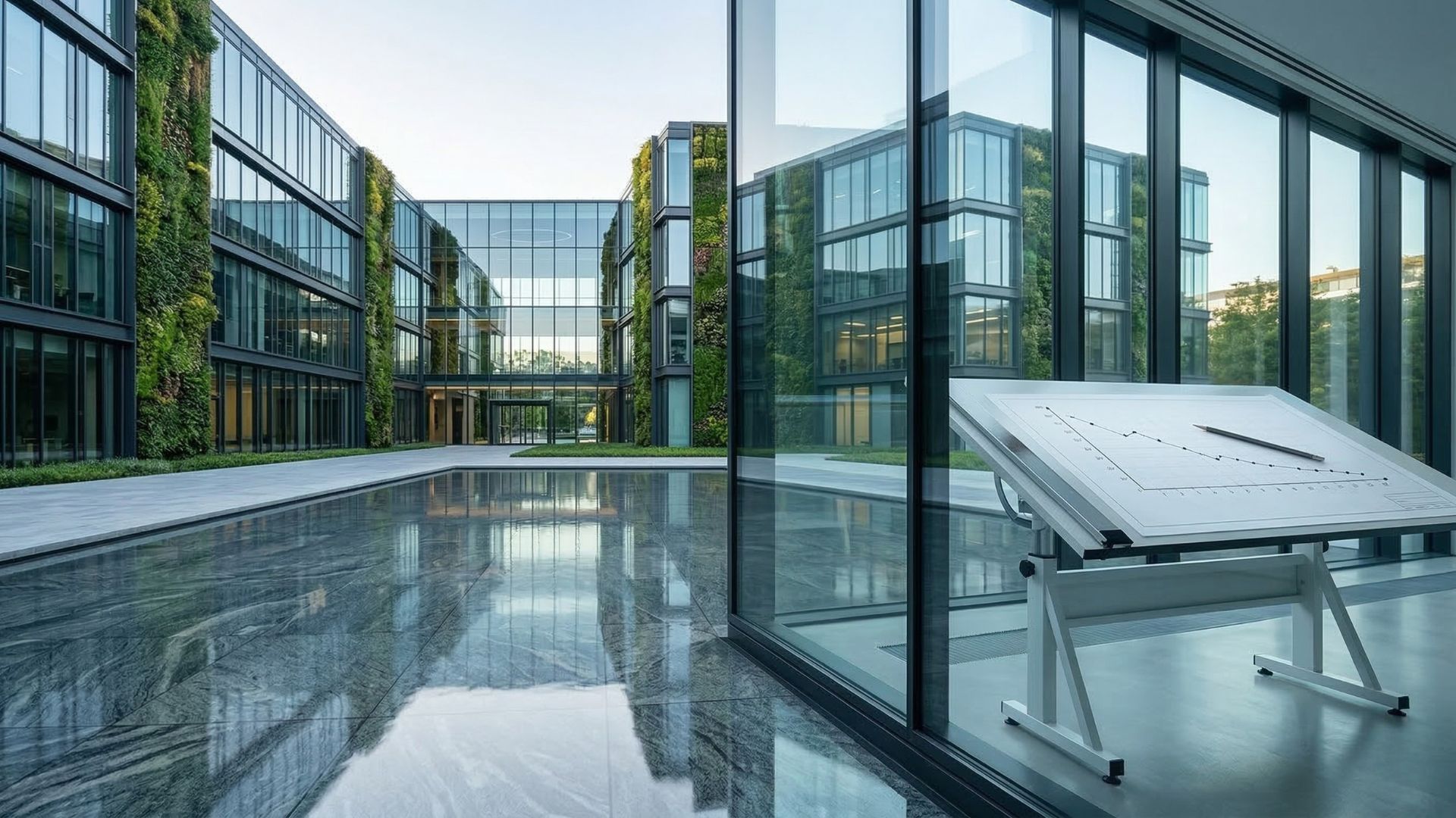 Photorealistic wide shot of a sustainable corporate building with vertical gardens and a drafting table showing an absolute contraction linear reduction graph.