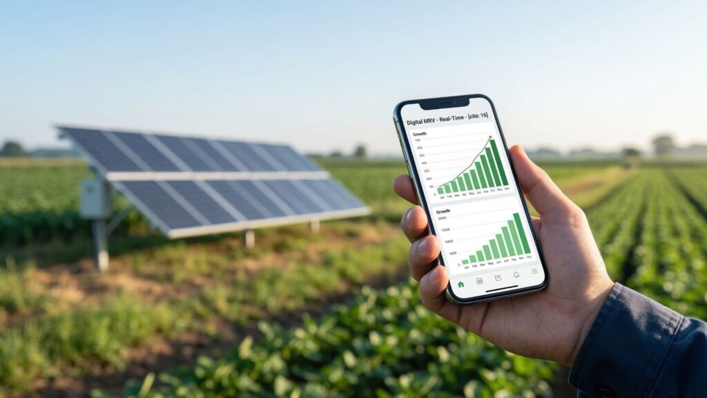 A person in an agricultural field holds a smartphone displaying a data dashboard with the text "Digital MRV - Real-Time", with a solar panel array in the background.