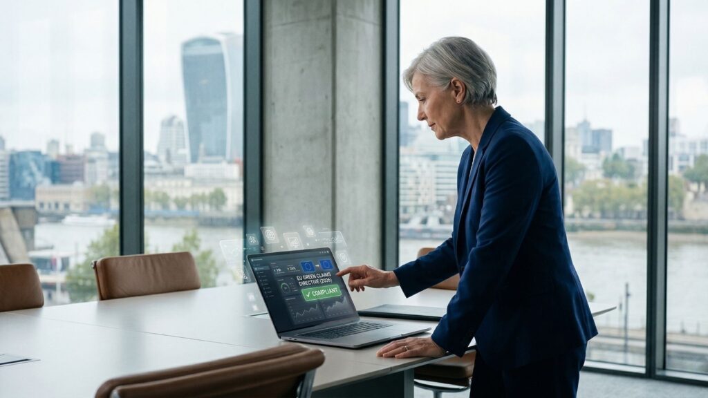 A professional executive reviewing a digital compliance dashboard showing a green 'Compliant' status for the 2026 EU Green Claims standards in a modern office overlooking a European city.
