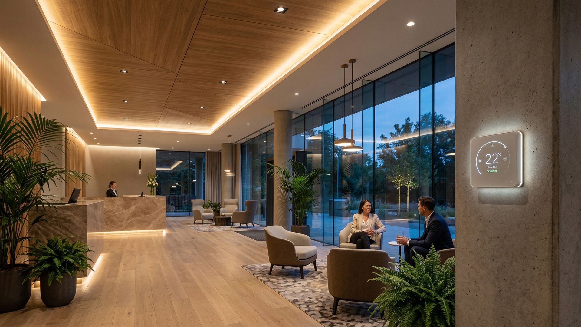 Modern luxury hotel lobby featuring energy-efficient LED lighting and a smart thermostat interface on a concrete pillar.