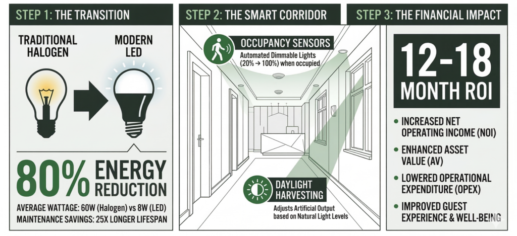 Professional infographic for hotel managers showing the ROI of LED retrofitting, smart lighting sensors, and maintenance cost reductions.