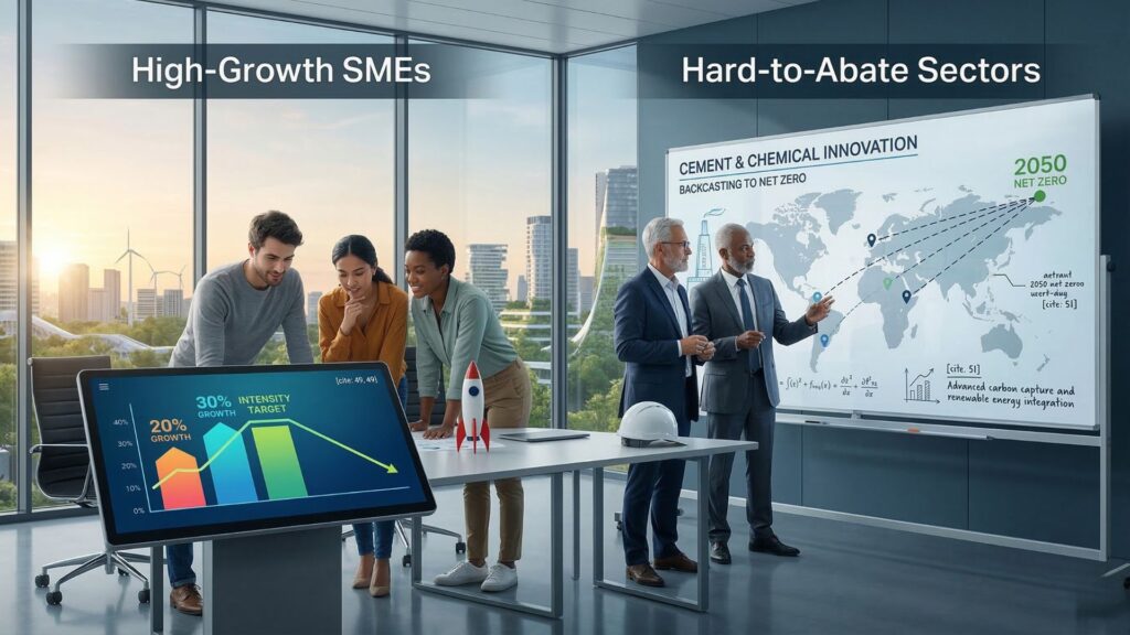 A dual-focus office scene showing SMEs analyzing growth intensity targets on a screen and industrial experts using a whiteboard for backcasting net-zero pathways for cement and chemical sectors.