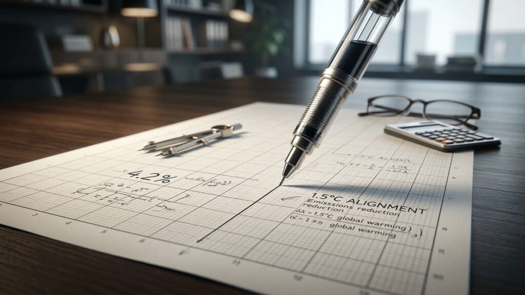 A photorealistic close-up of a technical drafting pen drawing a 4.2% linear reduction graph for the Absolute Contraction Method on grid paper.