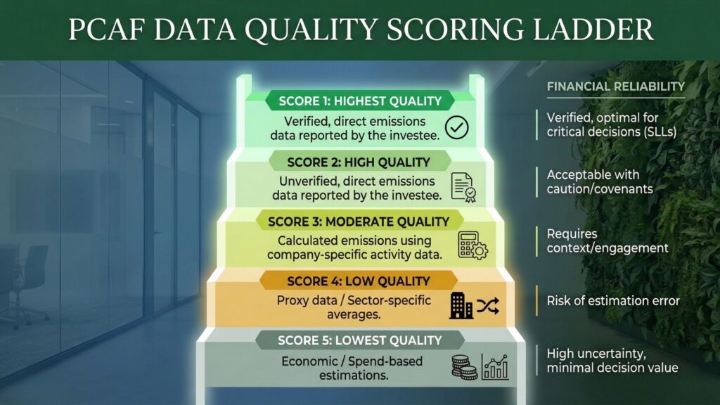 Infographic of the PCAF Data Quality Scoring Ladder showing a 5-tier system from Score 1 (Highest Quality: Verified direct emissions) to Score 5 (Lowest Quality: Economic estimations). It includes financial reliability notes for SLLs and credit risk.