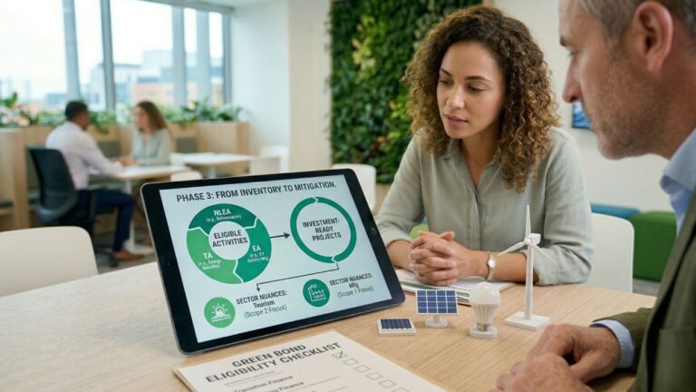 A bank credit officer and an SME owner in a modern meeting space analyze GHG mitigation strategies on a tablet. The tablet screen displays concentric circular diagrams for categorizing 'Eligible Activities' (NLEA, TA, EA) and the 'Sector Nuances' (Tourism Scope 2 Focus and Manufacturing Scope 1 Focus) required to convert an inventory into an 'Investment-Ready Project'. Green Bond eligibility checklists and small renewable energy models are visible on the table.