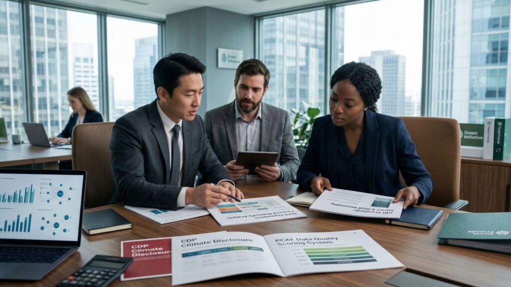 Three diverse financial analysts in a modern corporate boardroom reviewing TCFD, GRI, and PCAF climate disclosure reports and data charts on a wooden table.