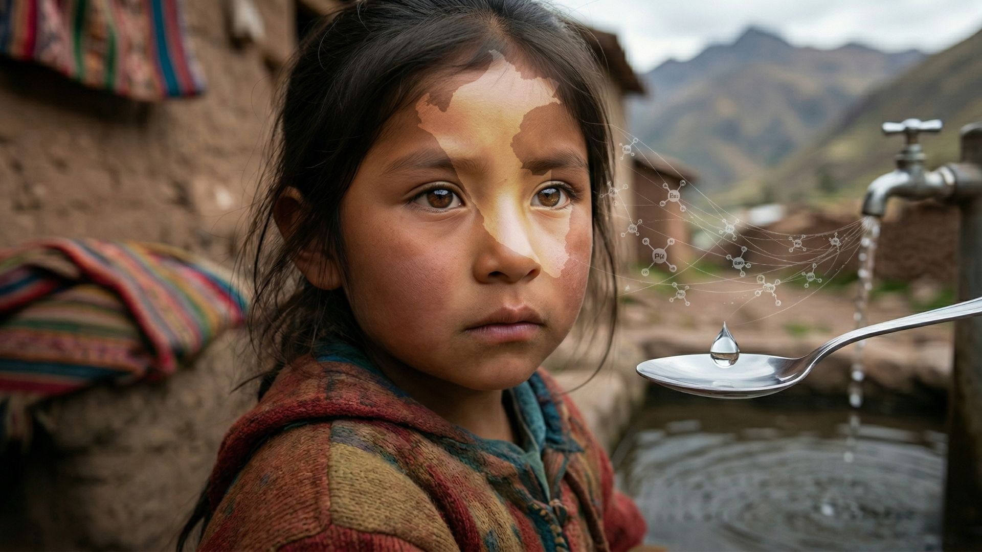 A young Peruvian girl in the Andes mountains looking at a drop of water on a spoon, symbolizing the link between water quality and childhood anemia.