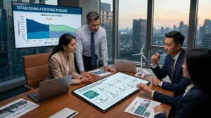Financial risk managers and credit officers analyzing greenhouse gas inventory charts and establishing an emissions baseline for SME climate finance in a corporate boardroom.