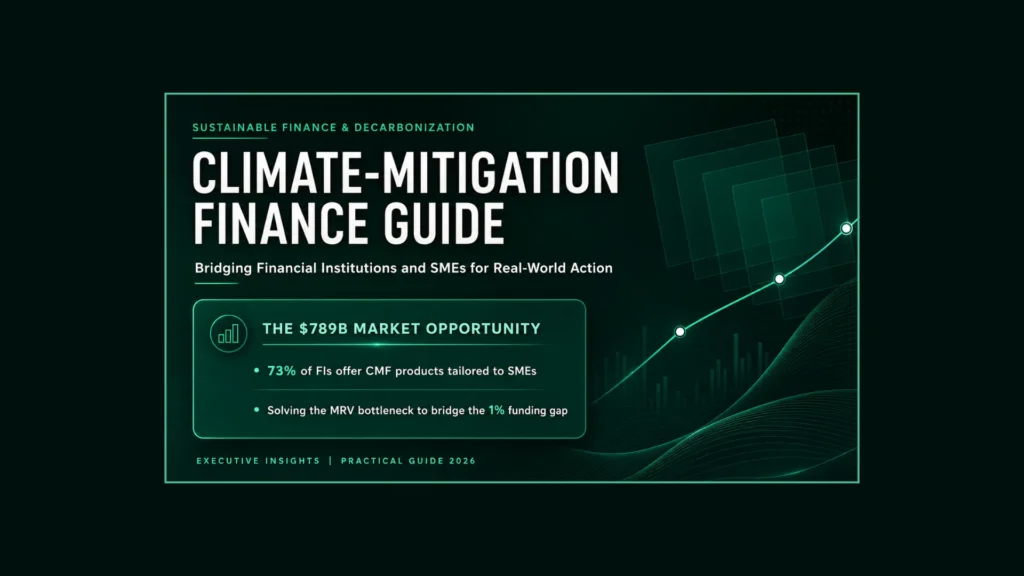 Clean editorial cover image for the Climate-Mitigation Finance Guide by Green Initiative, featuring sustainable finance trajectory curves and key stats on unlocking the $789 billion SME green funding market